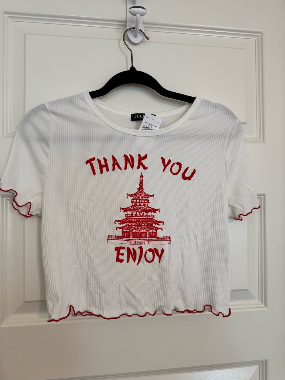 White & Red 'Thank You Enjoy' Ribbed Lettuce-Edge Crop Top